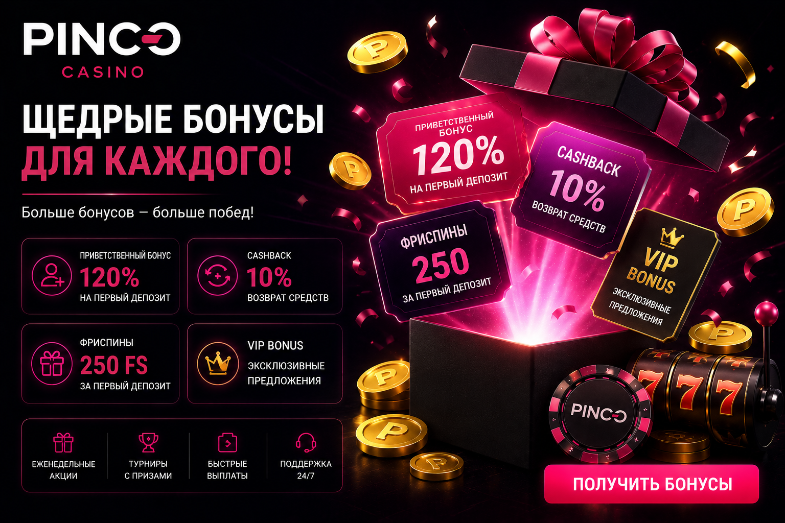 Бонусы Pinco Casino — приветственный бонус Пинко Казино и фриспины